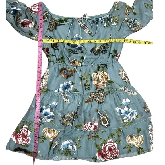 Alice + Olivia Aqua Multicolor floral Waylon Off-the-Shoulder Blouson Dress sz 6